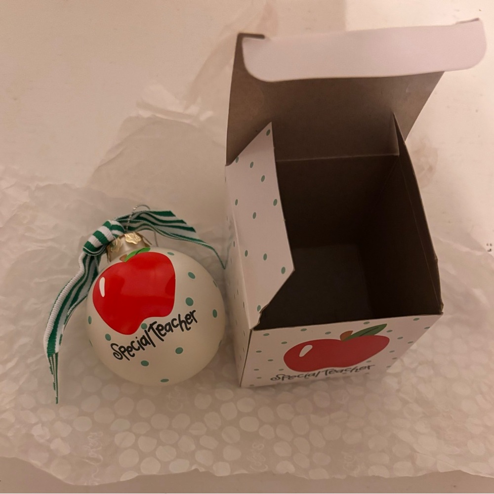 🆕 Special Teacher Glass Ornament with green striped Bow by Coton Colors